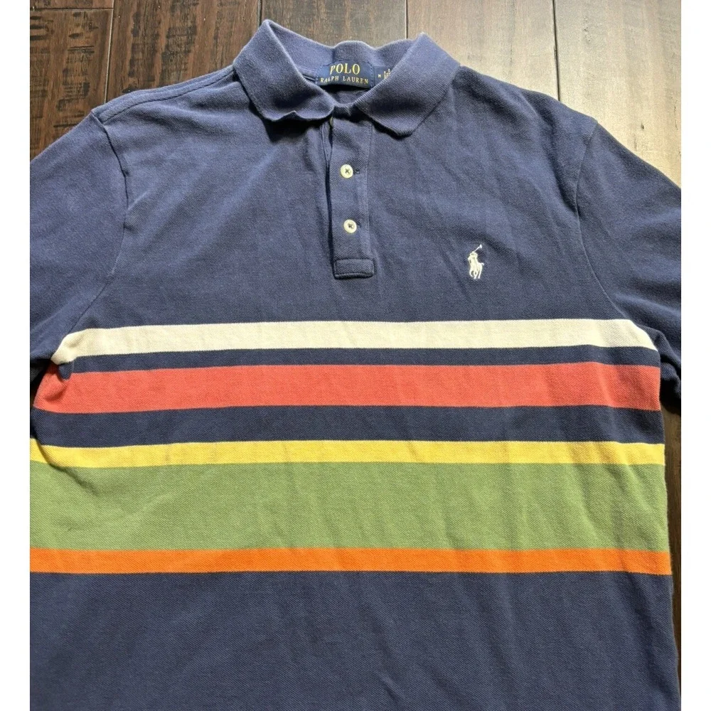 Polo Ralph Lauren Shirt Mens M Striped Short Sleeve Navy Blue Green White Preppy